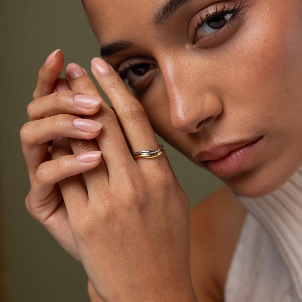 Mixed Metal Wave Ring Set Silver 18K Gold Plated