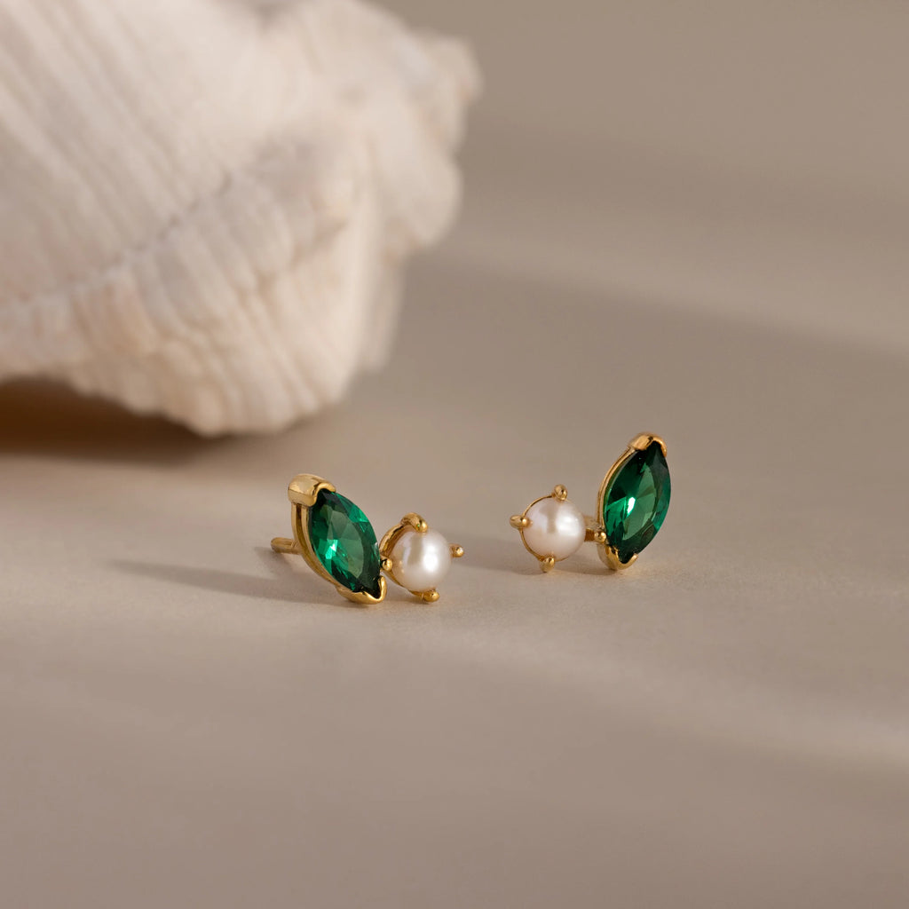 Marquise Emerald Pearl Studs Silver 18K Gold Plated