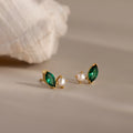 Marquise Emerald Pearl Studs Silver 18K Gold Plated