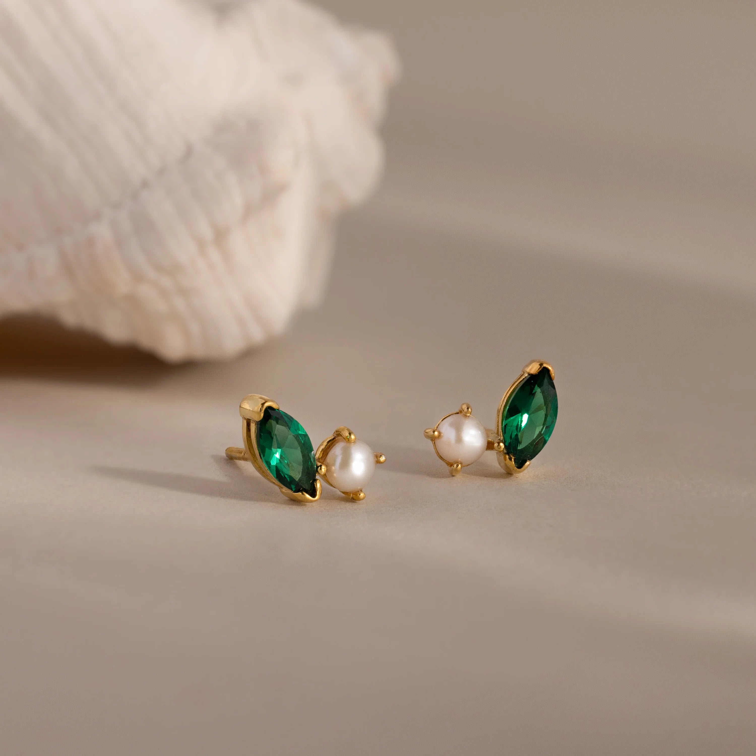 Marquise Emerald Pearl Studs Silver 18K Gold Plated
