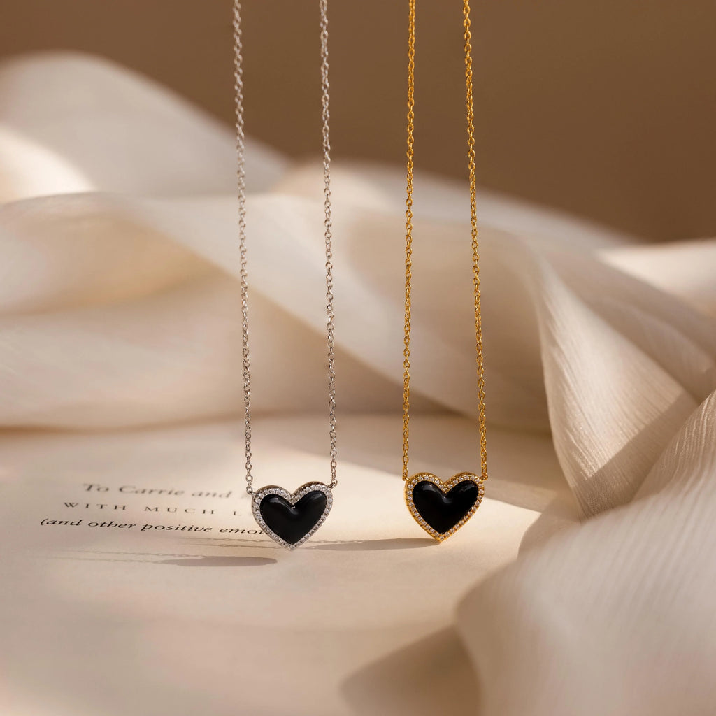 Diamond Onyx Puff Heart Necklace Silver 18K Gold Plated
