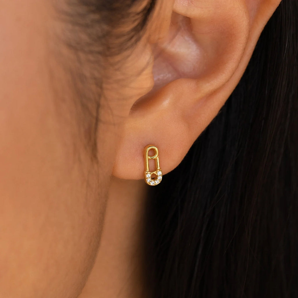 Tiny Pave Safety Pin Studs Silver 18K Gold Plated