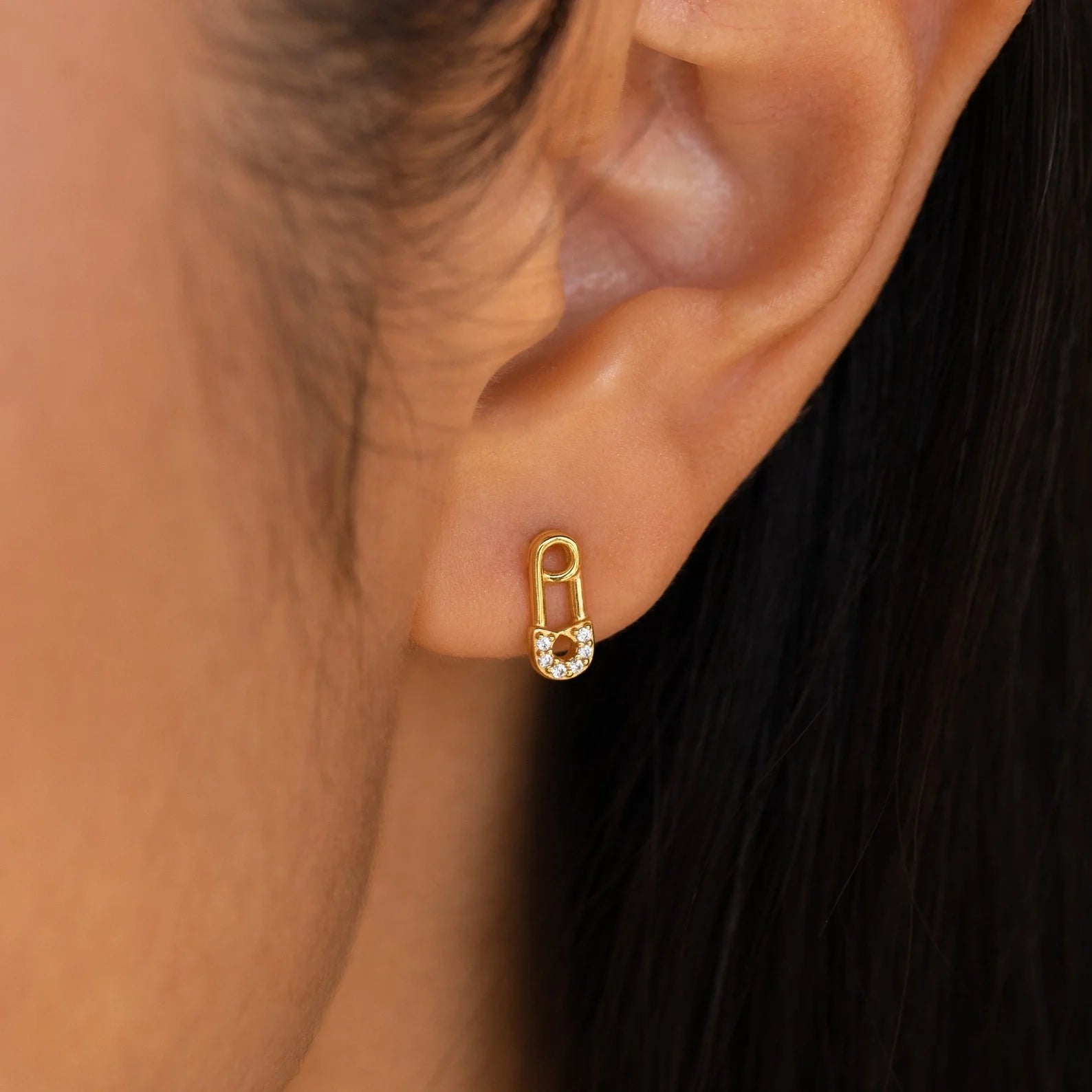 Tiny Pave Safety Pin Studs Silver 18K Gold Plated