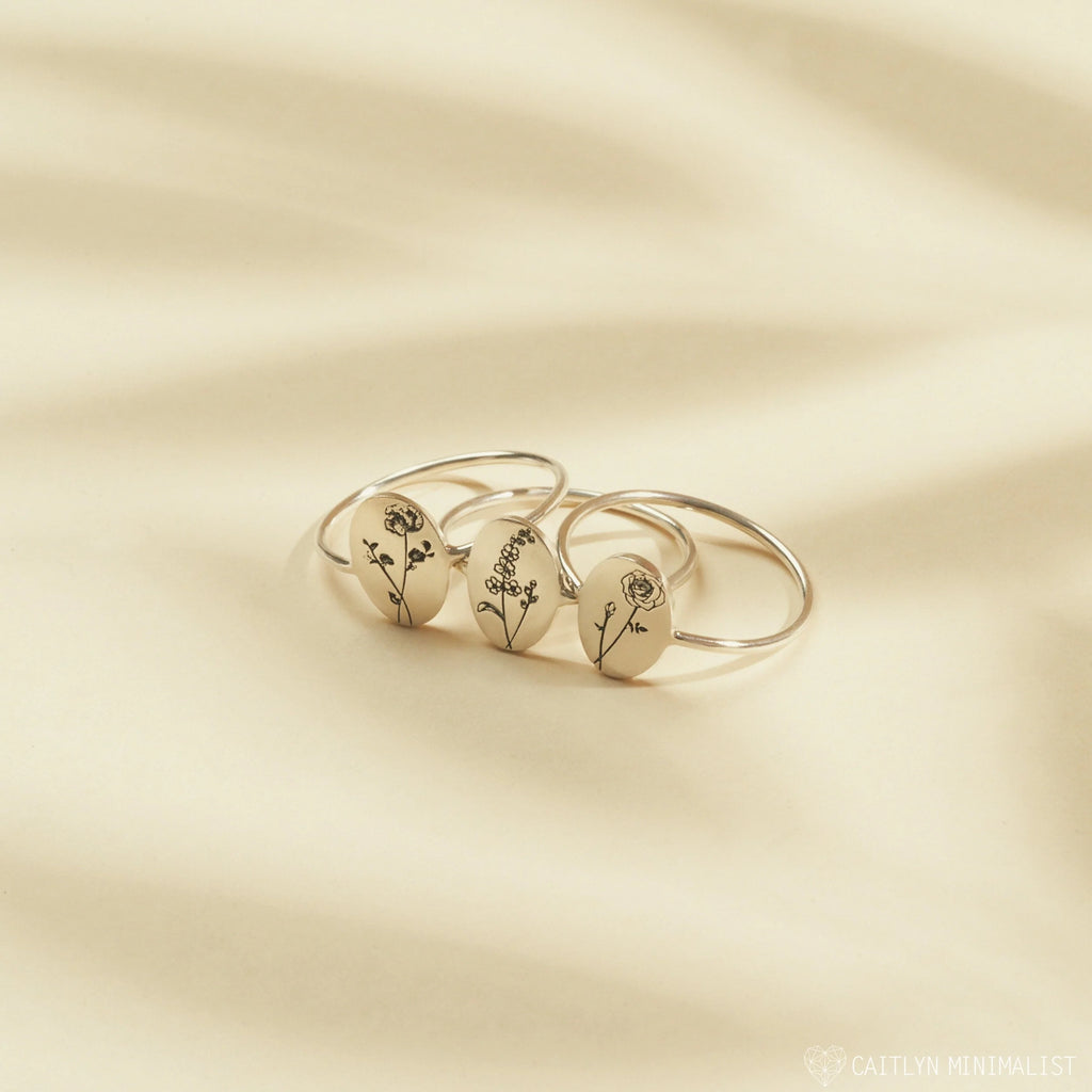Birth Flower Oval Ring Silver 18K Gold Plated