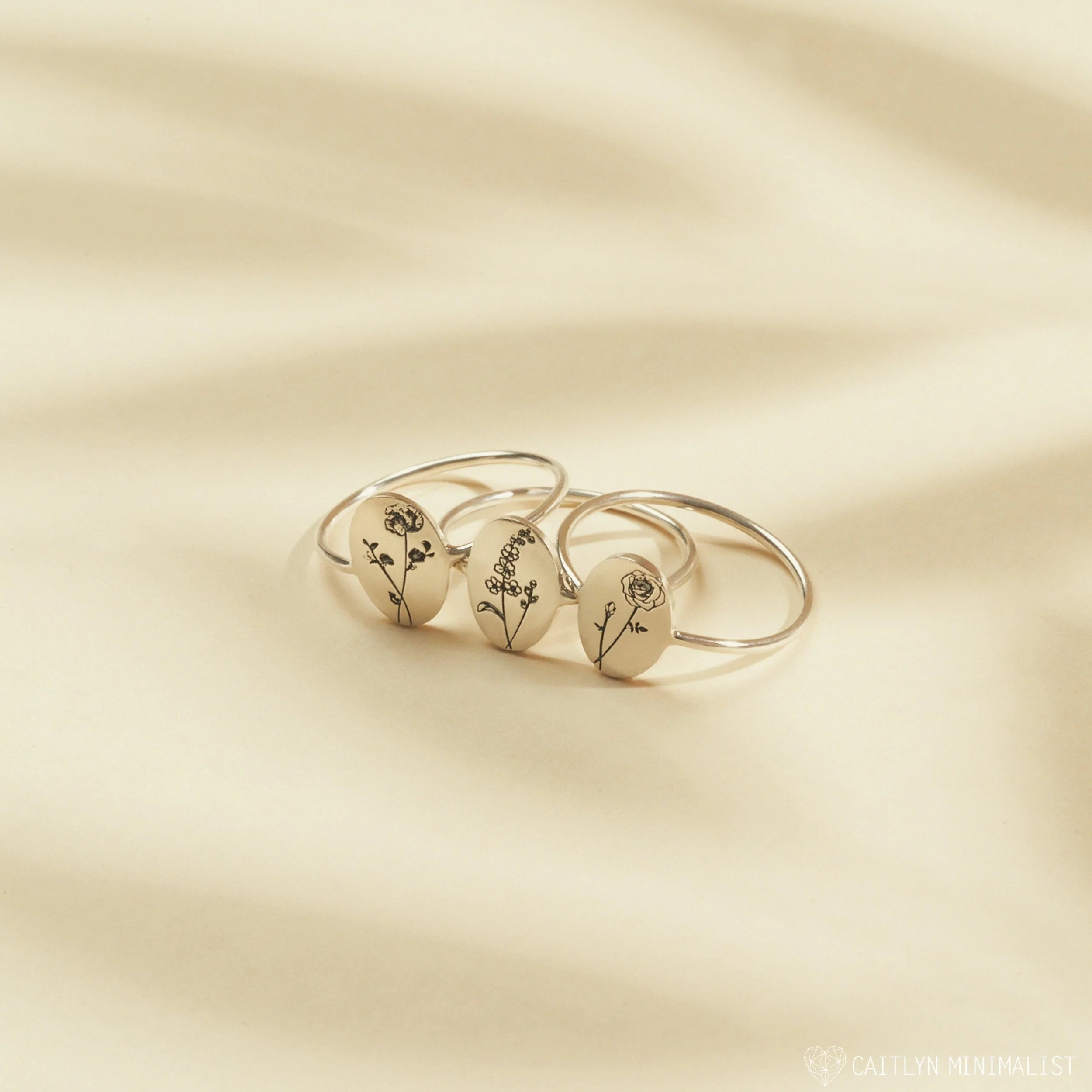 Birth Flower Oval Ring Silver 18K Gold Plated
