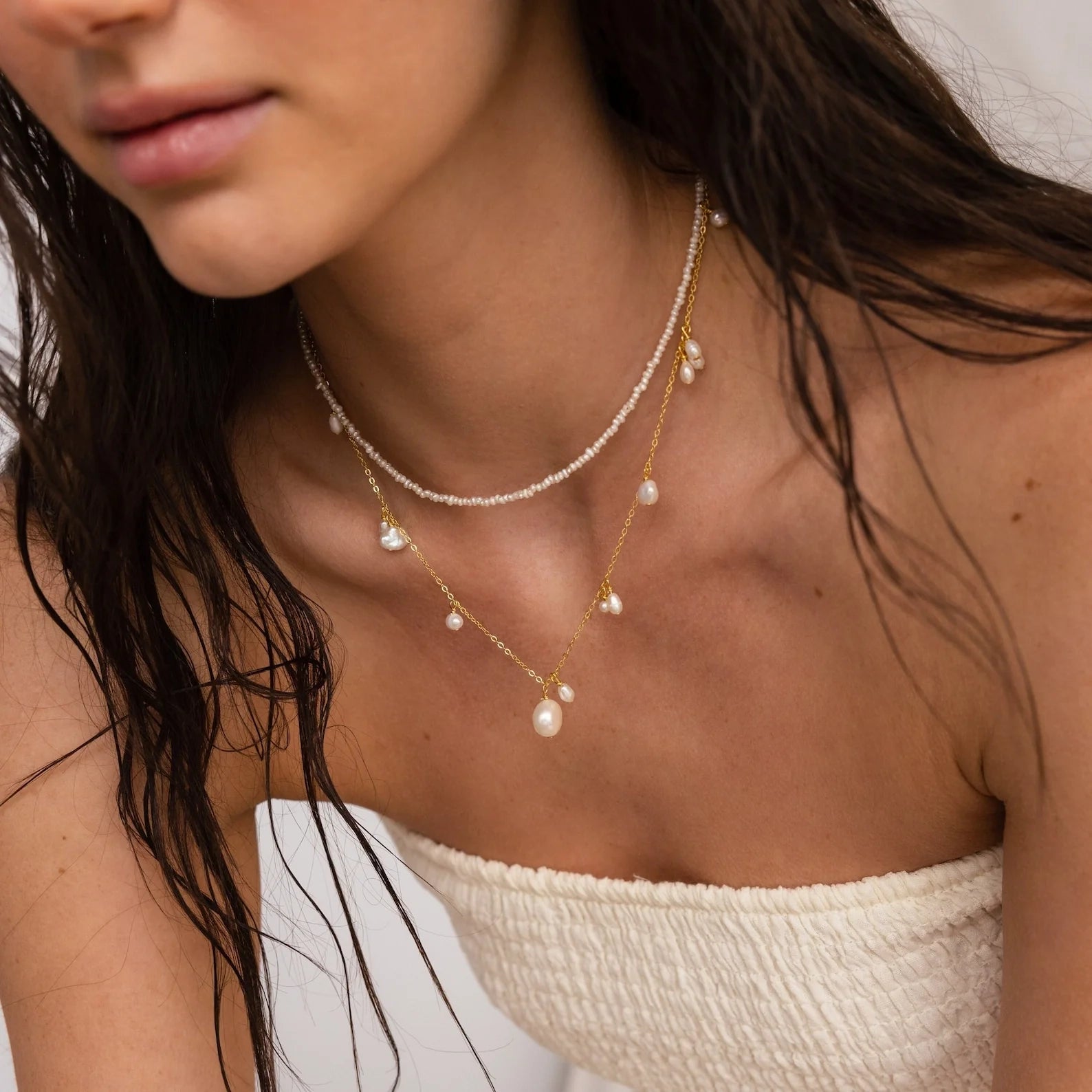 Baroque Pearl Station Necklace Silver 18K Gold Plated