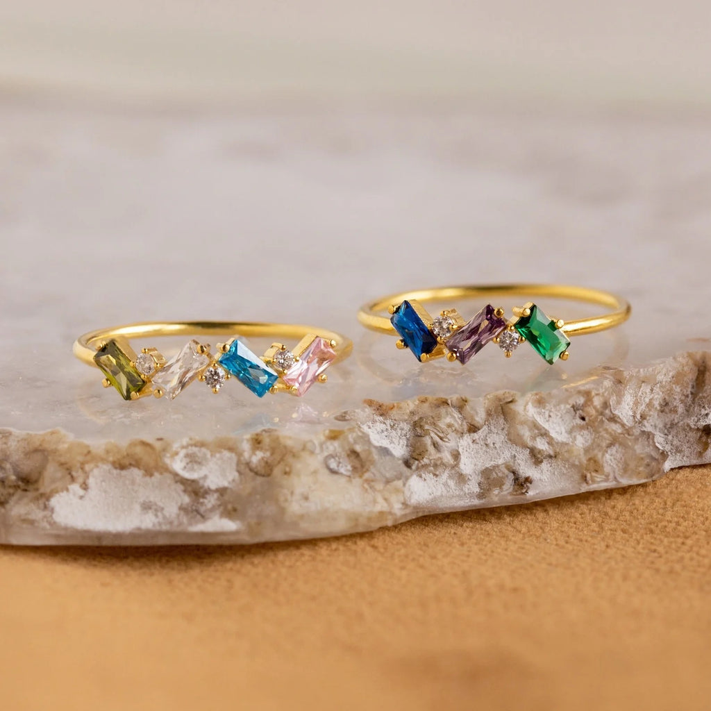 Baguette Cut Birthstone Ring Silver 18K Gold Plated