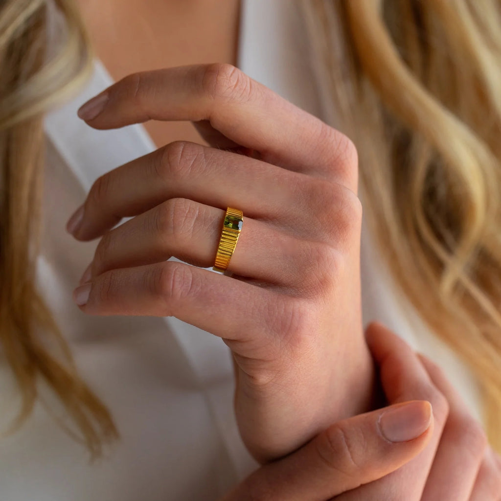 Olive Peridot Signet Ring Silver 18K Gold Plated