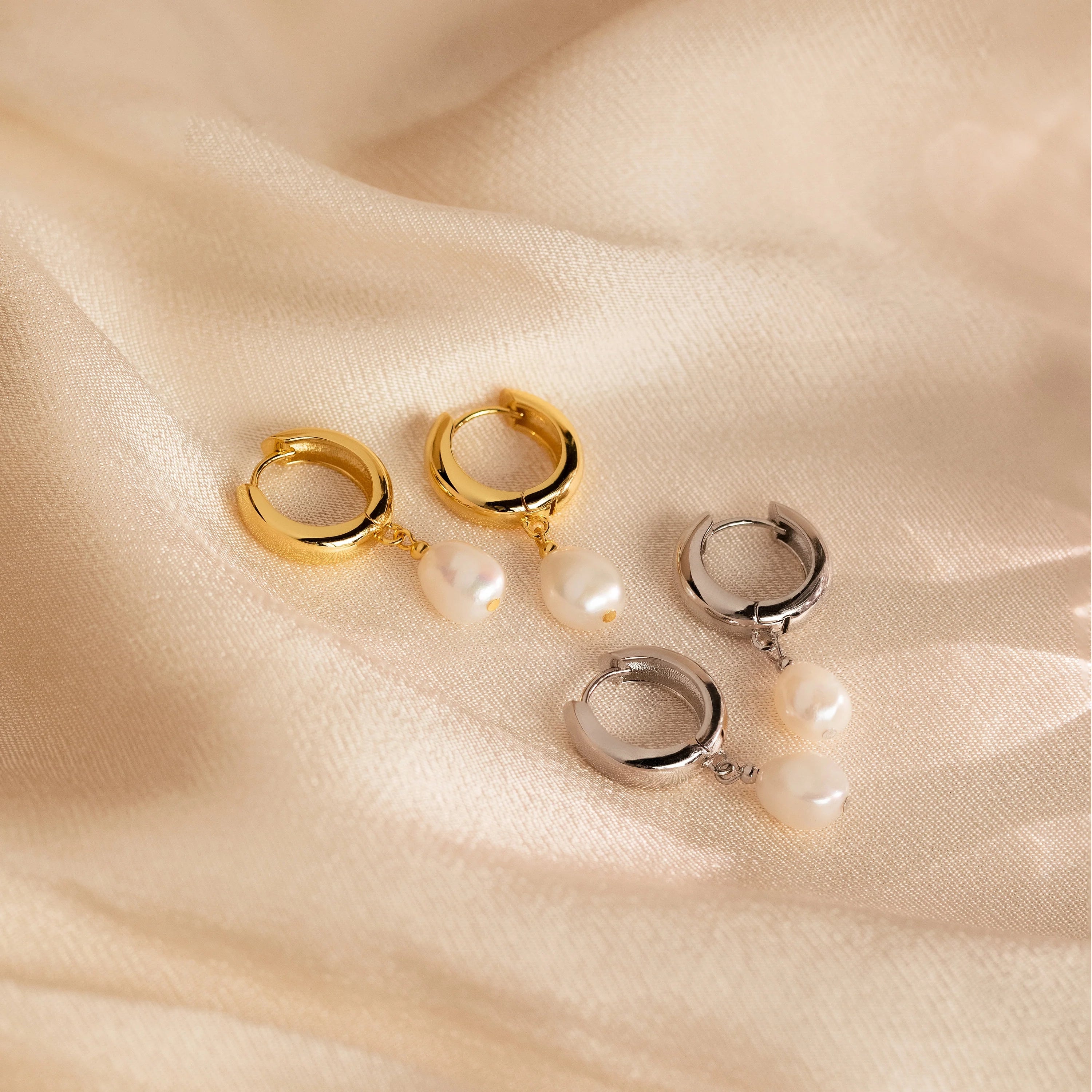 Pearl Drop Hoops Silver 18K Gold Plated