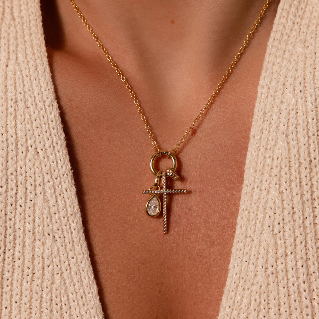 Diamond Pave Cross Charm Silver 18K Gold Plated