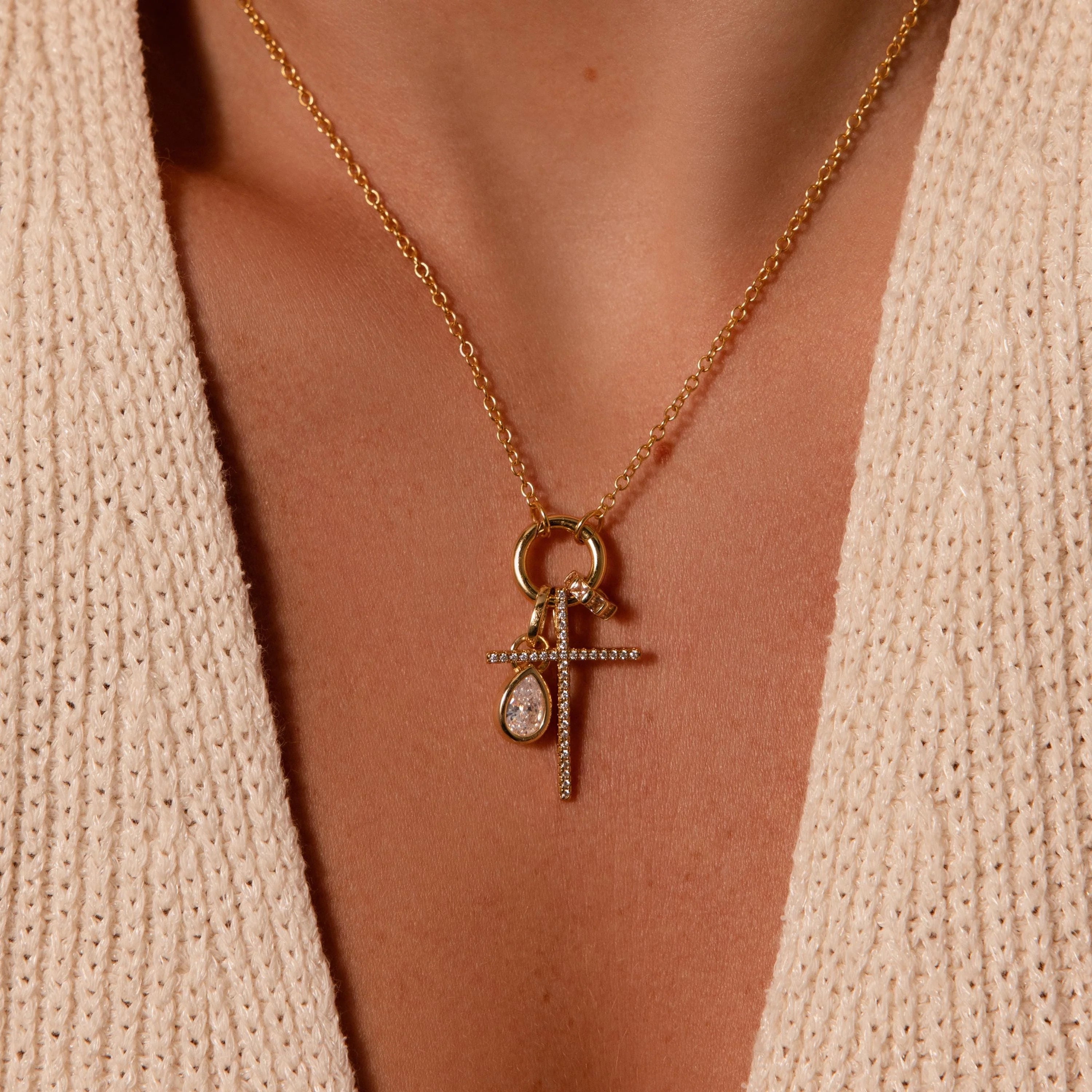 Diamond Pave Cross Charm Silver 18K Gold Plated