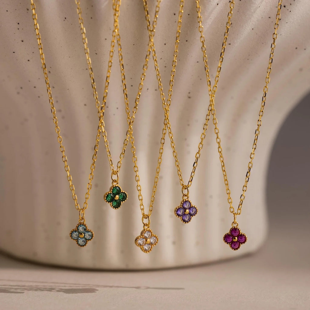 Birthstone Clover Necklace Silver 18K Gold Plated