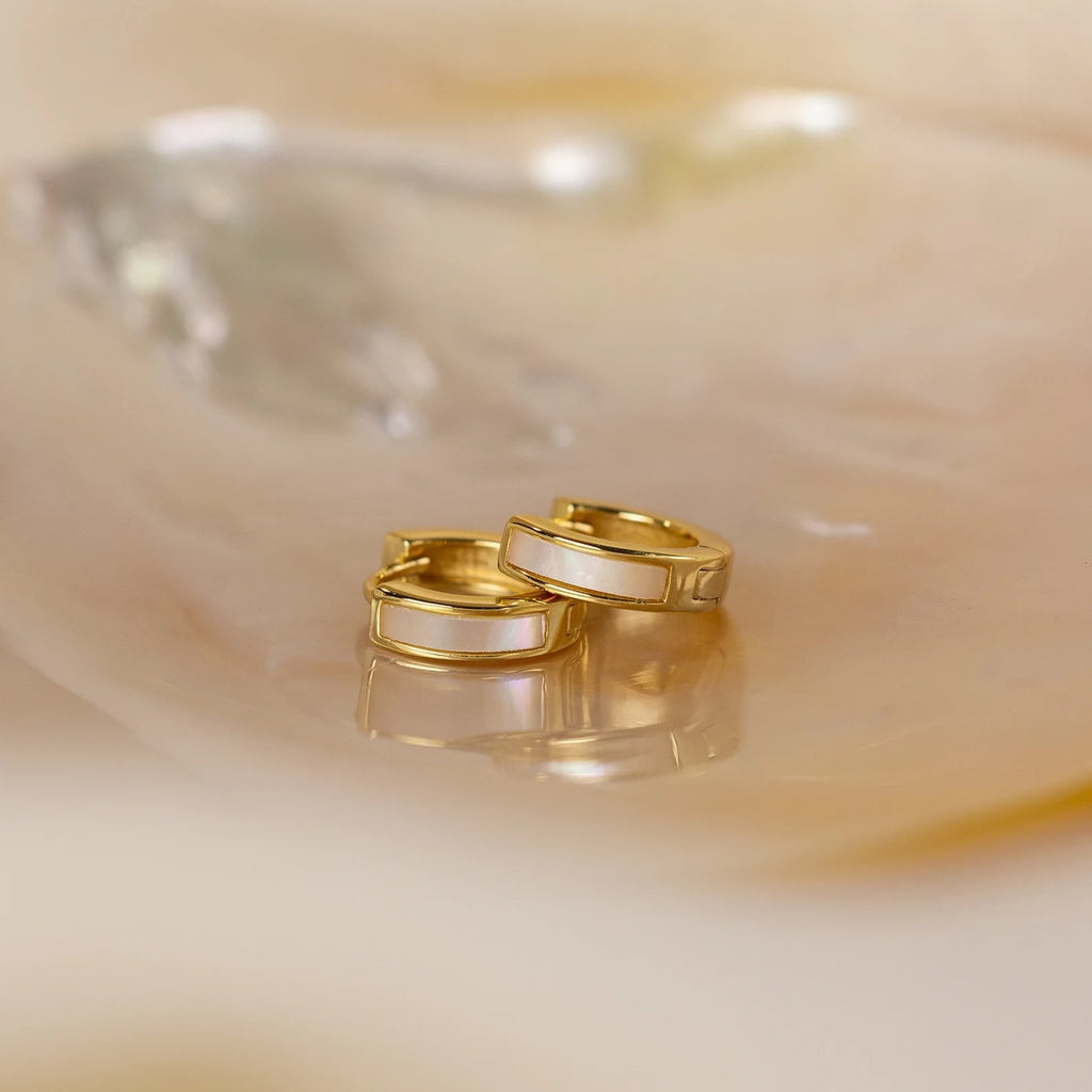Mother of Pearl Inlay Huggies Silver 18K Gold Plated