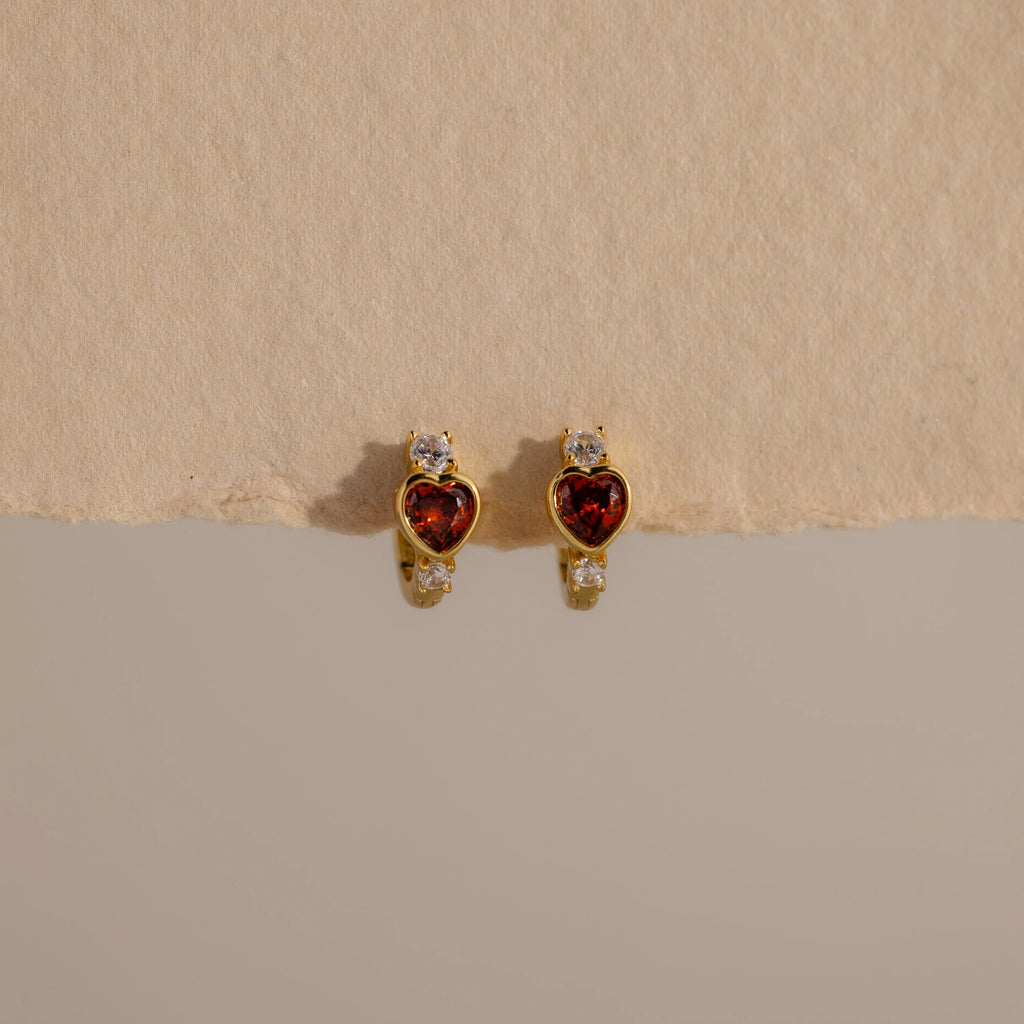 Garnet Heart Hoops Silver 18K Gold Plated
