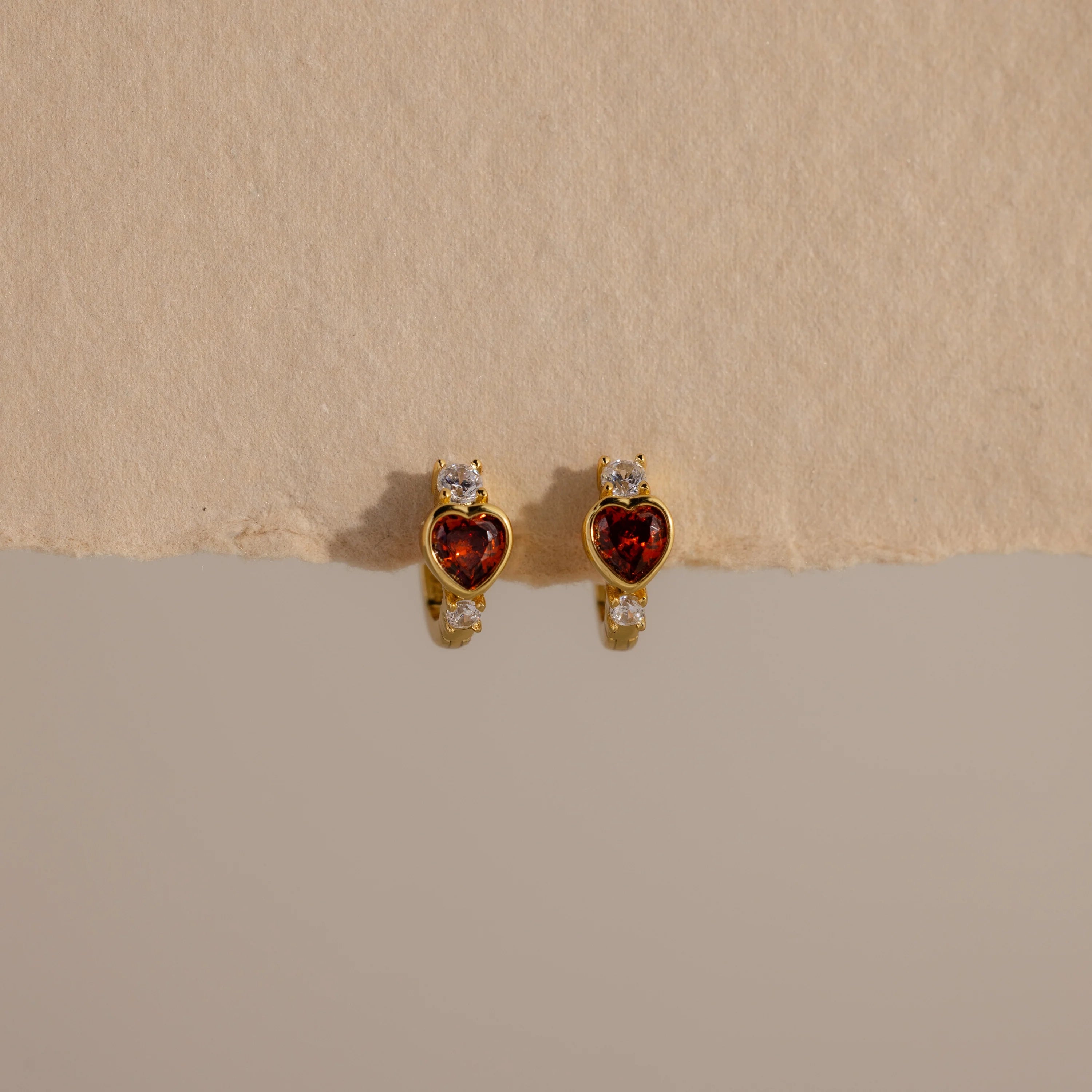 Garnet Heart Hoops Silver 18K Gold Plated