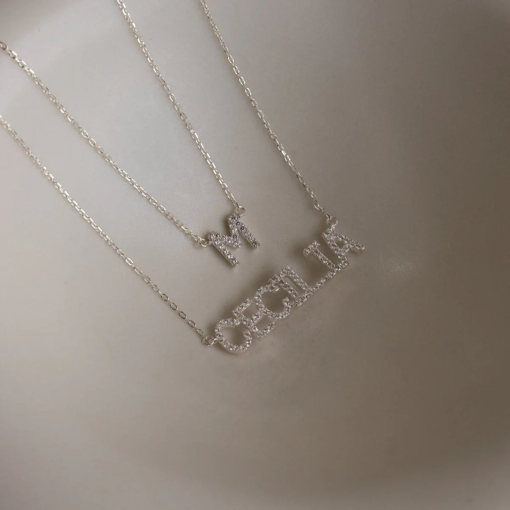 Pave Name Necklace Silver 18K Gold Plated