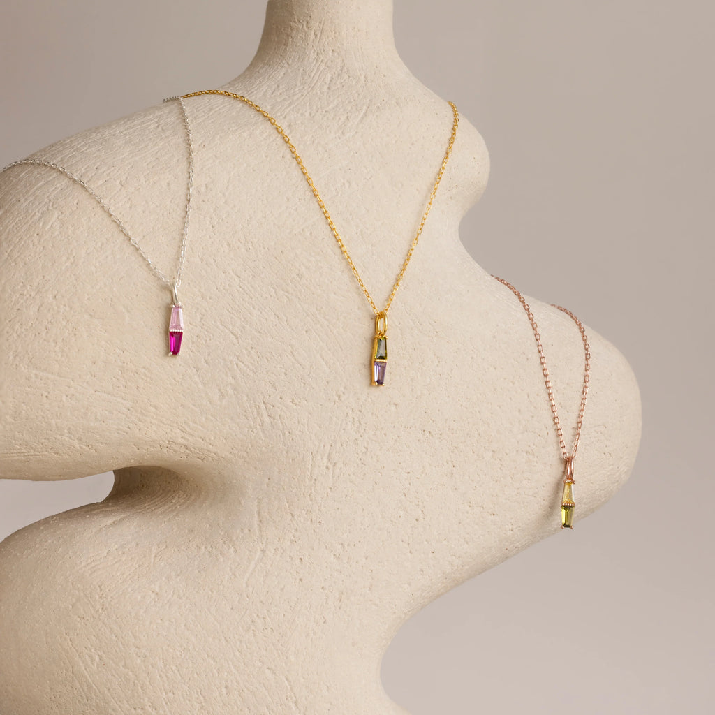 Toi et Moi Tapered  Baguette Birthstone Necklace Silver 18K Gold Plated
