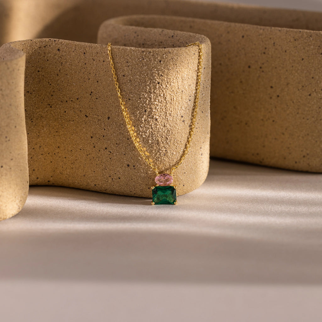 Emerald Pink Tourmaline Necklace Silver 18K Gold Plated