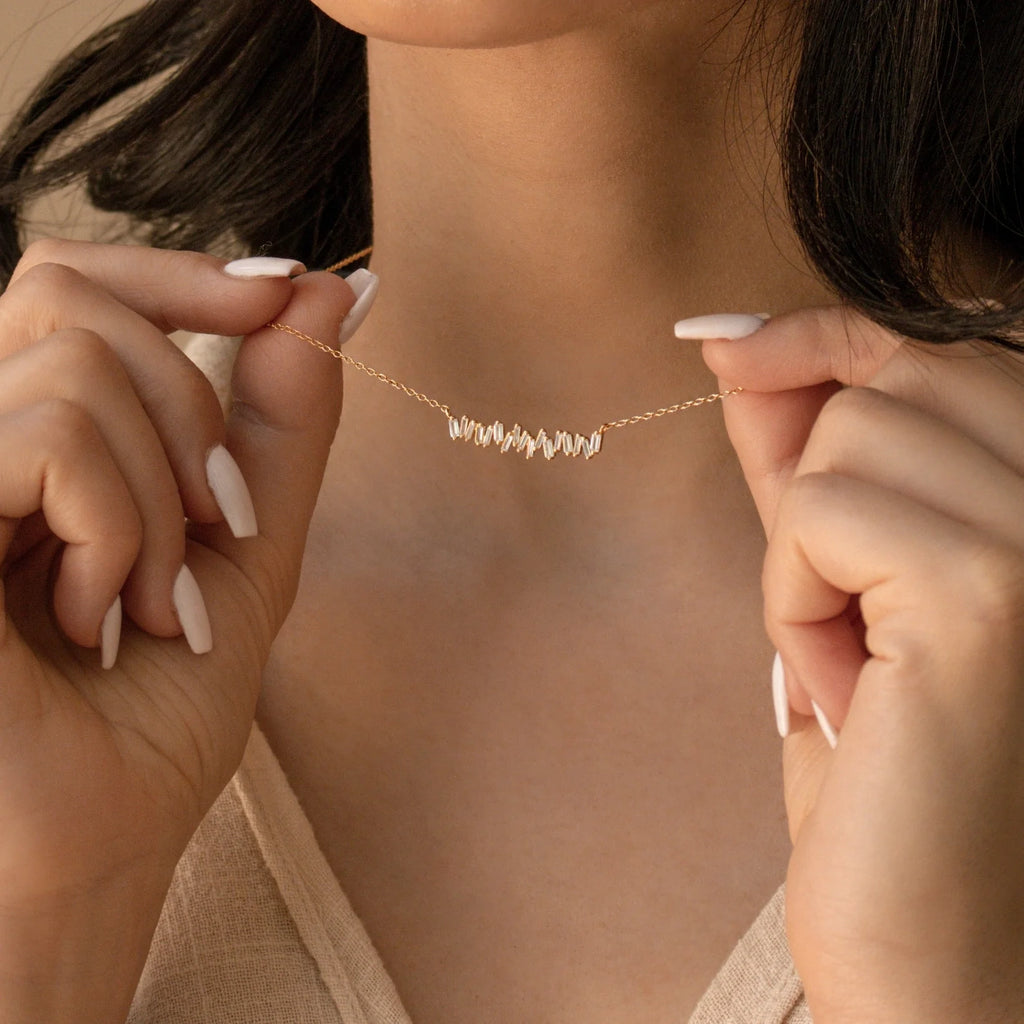 Diamond Baguette Bar Necklace Silver 18K Gold Plated