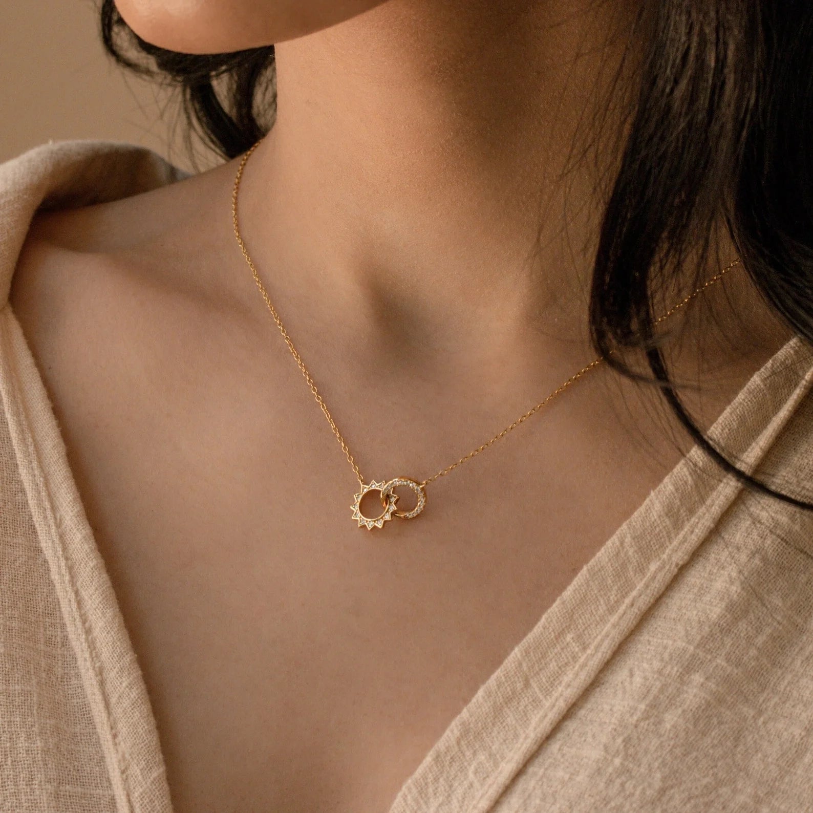 Sun & Moon Eternity Necklace Silver 18K Gold Plated