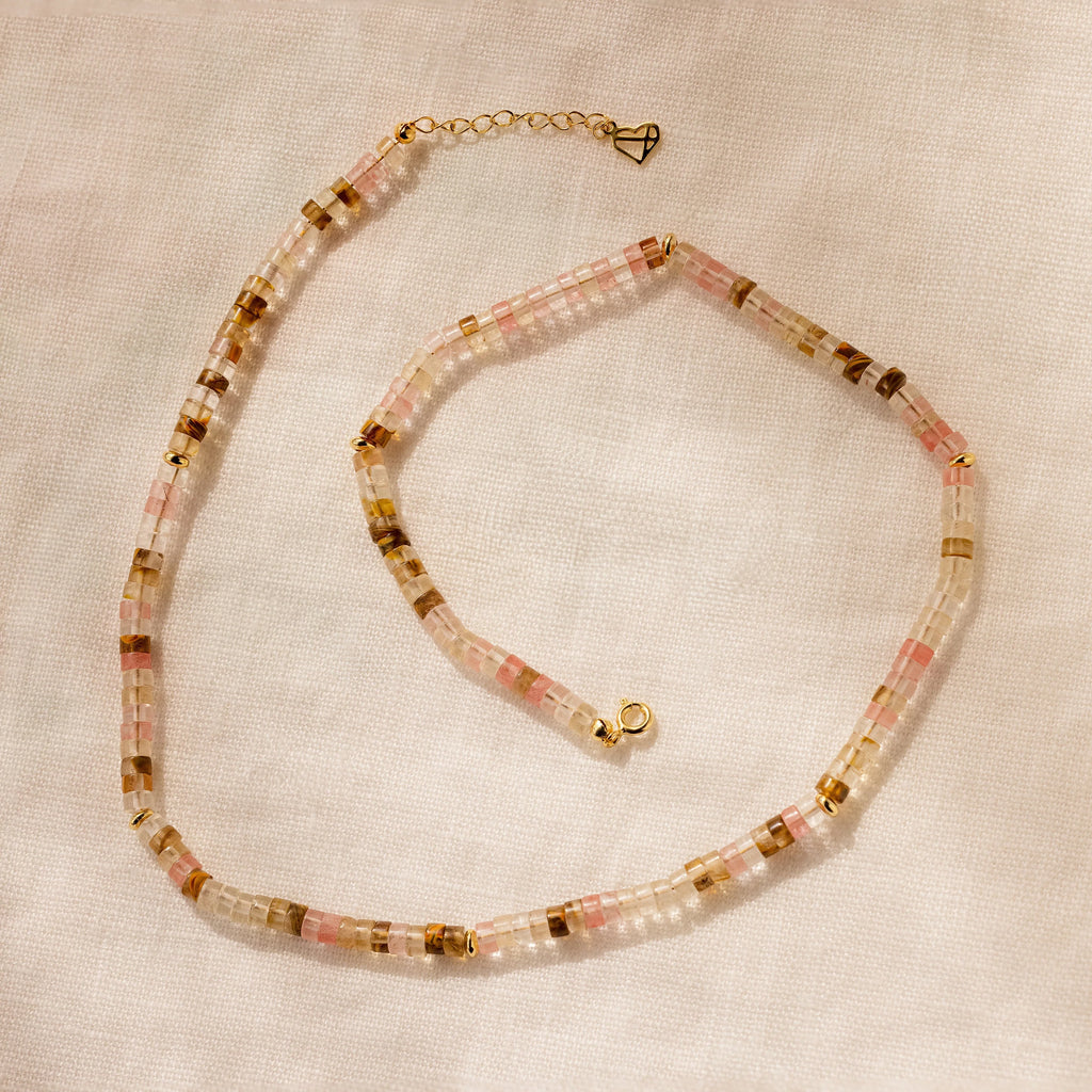 Rose Quartz Beaded Necklace Silver 18K Gold Plated