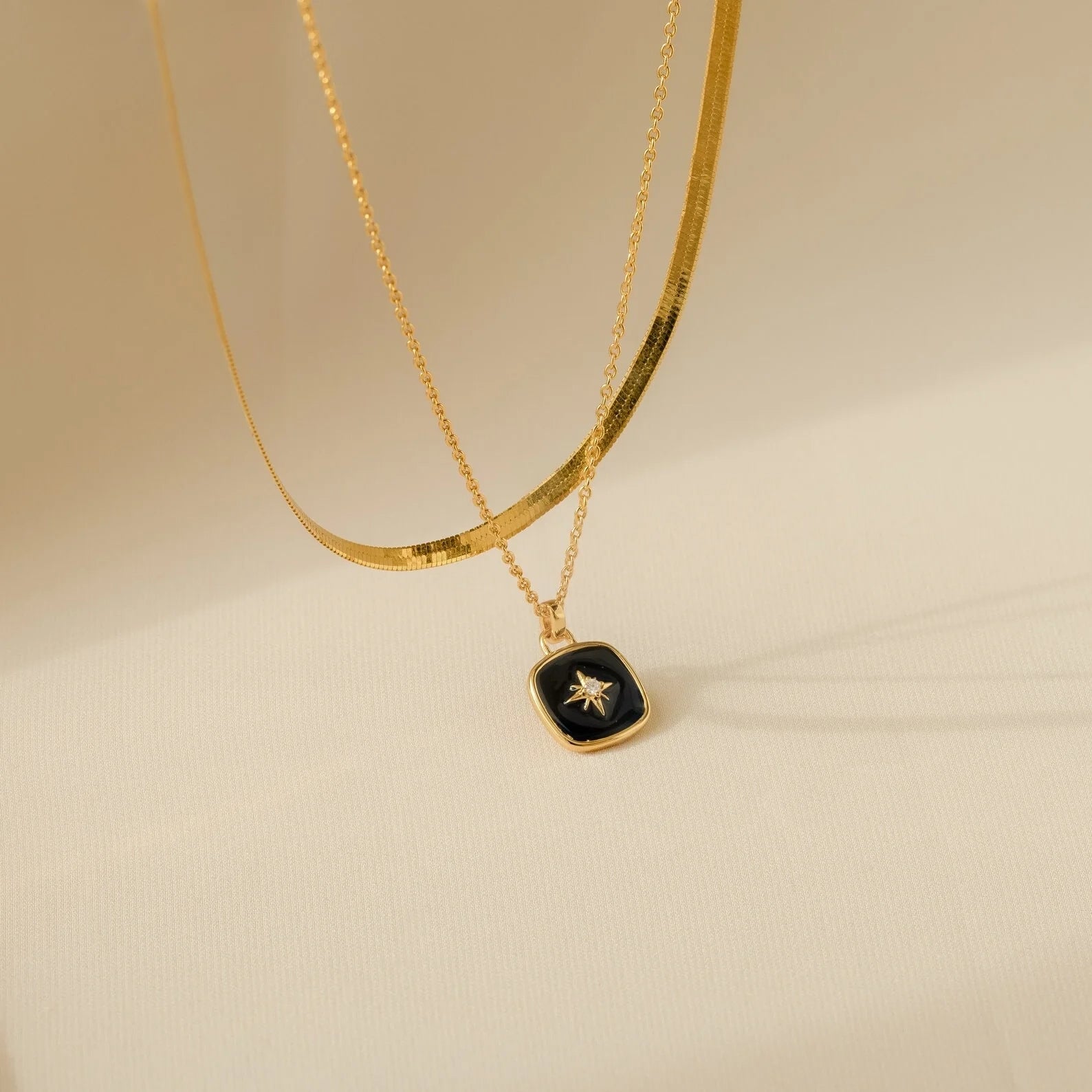 Hermoine Black Enamel Pendant Necklace Silver 18K Gold Plated