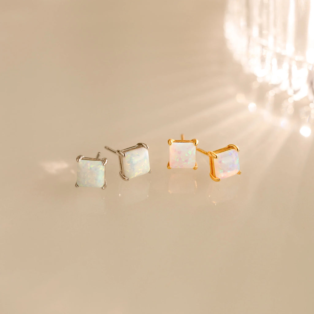 Princess Cut Opal Studs Silver 18K Gold Plated