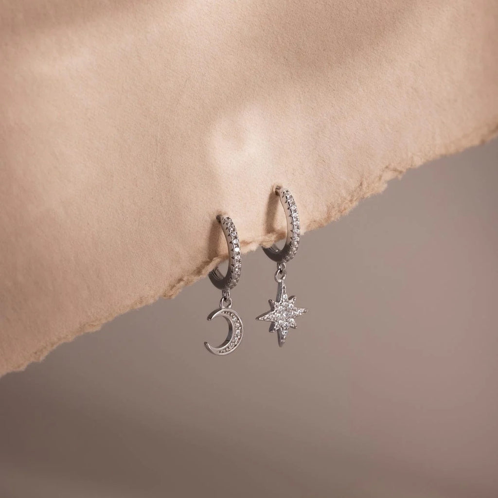 Moon and Star Huggies Silver 18K Gold Plated