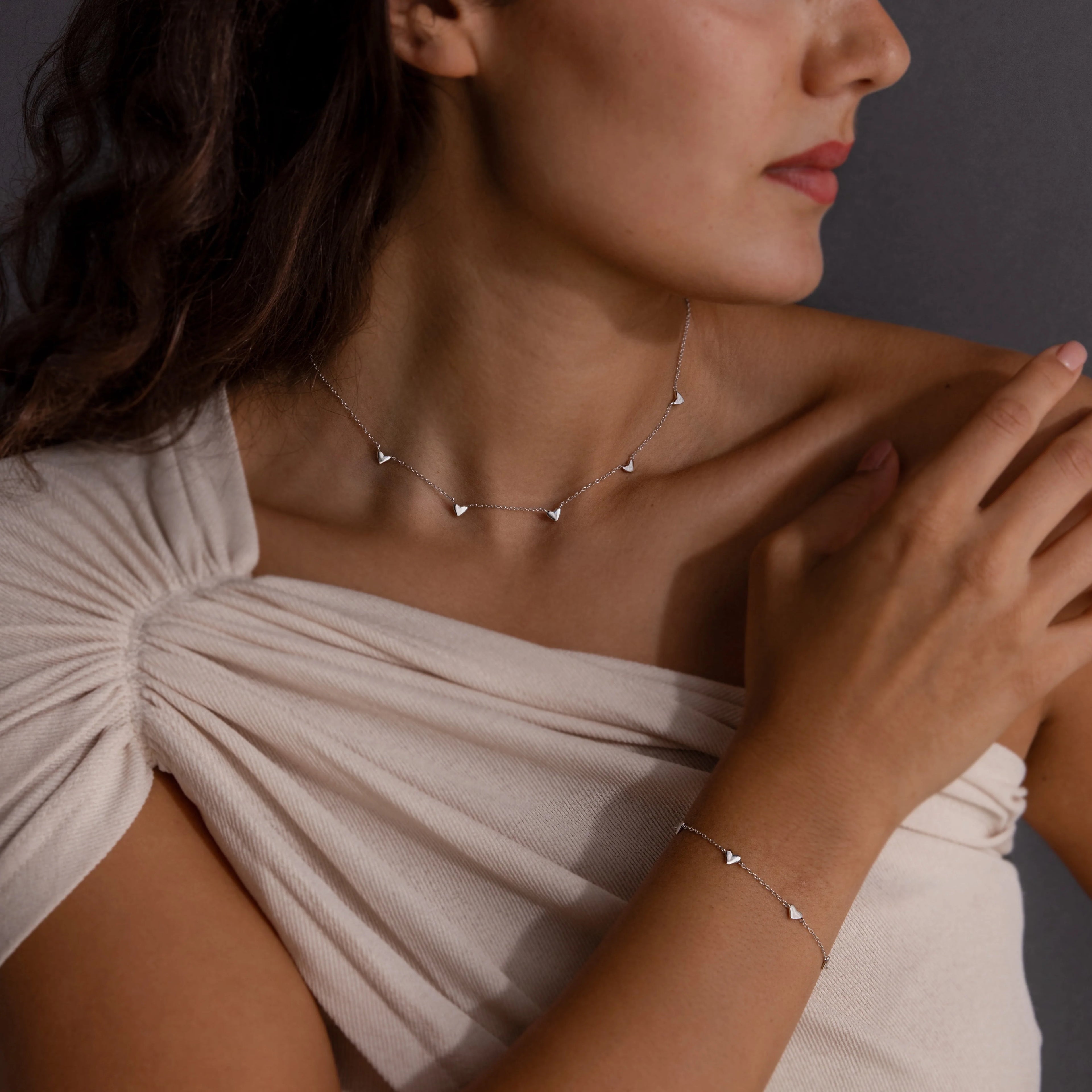 Heart Station Necklace & Bracelet Set Silver 18K Gold Plated