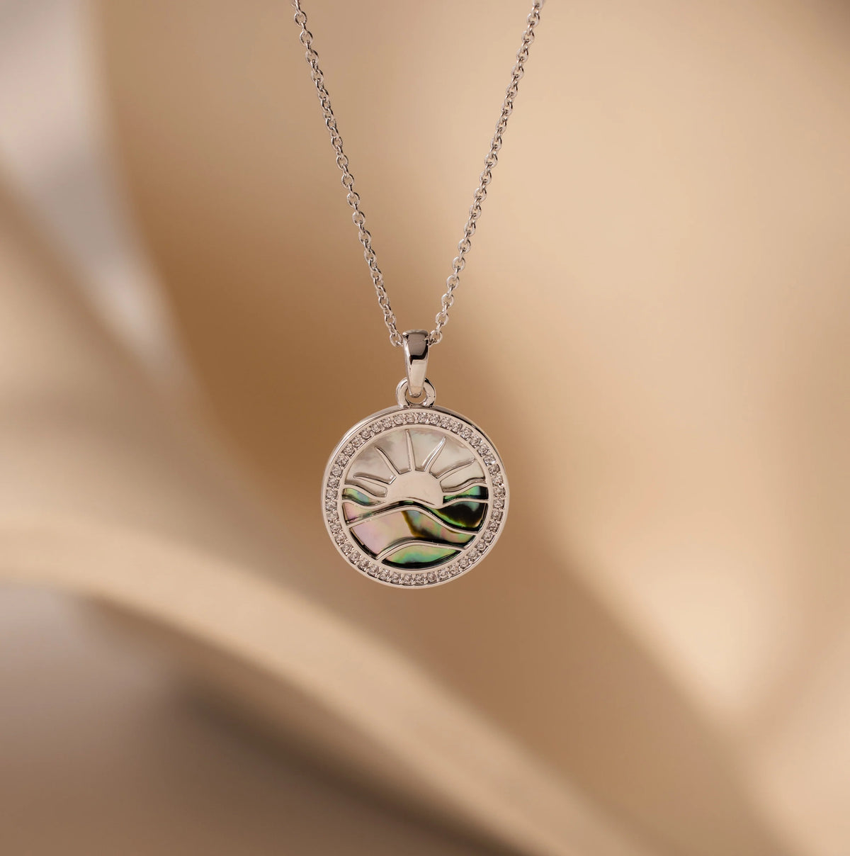 Diamond Pearl Sunrise Pendant Necklace Silver 18K Gold Plated