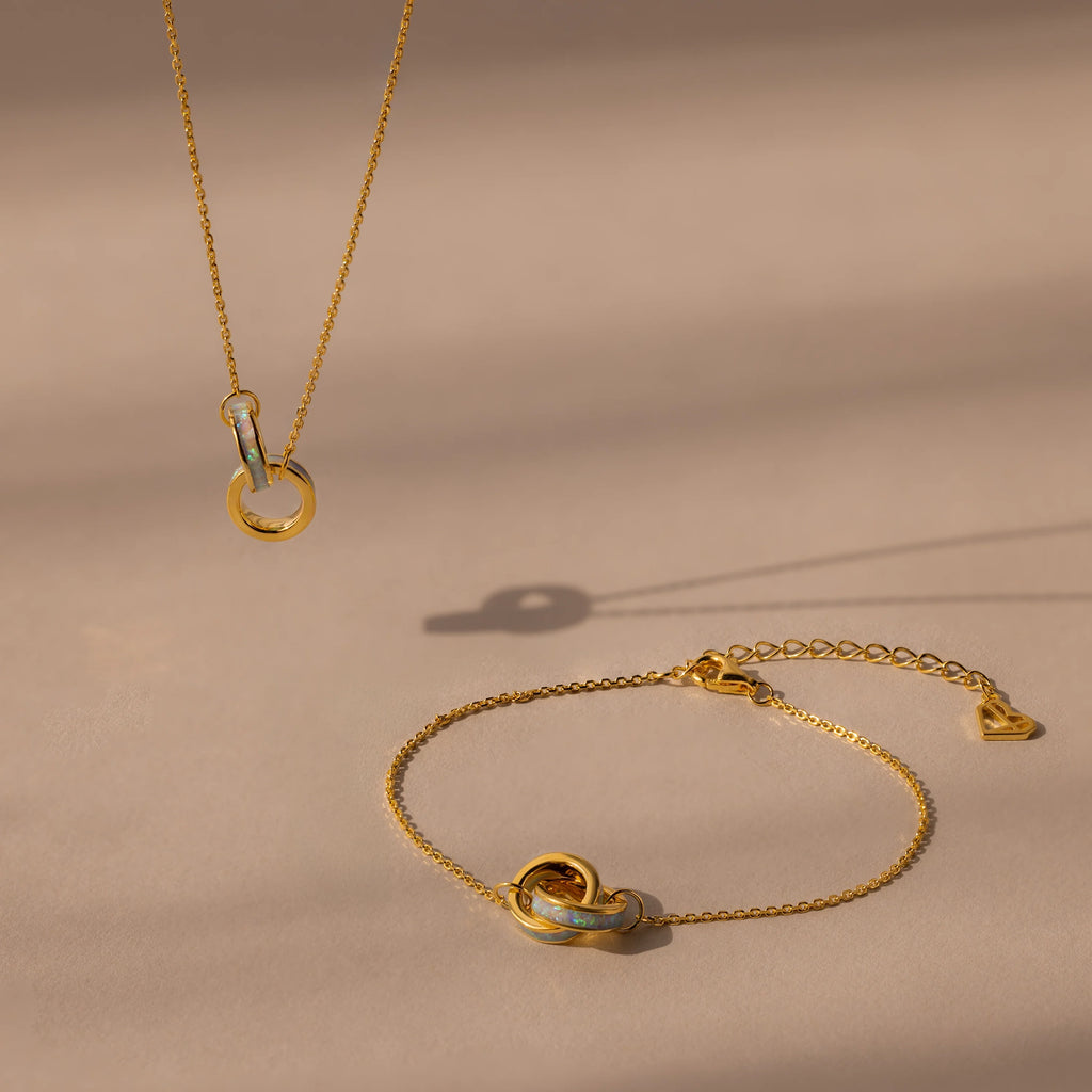 Opal Inlay Necklace and Bracelet Set Silver 18K Gold Plated