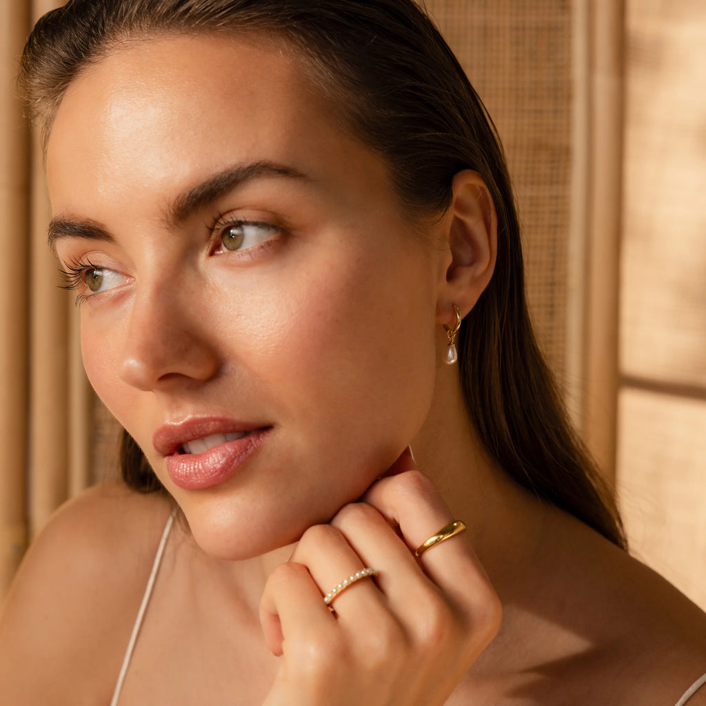 Dainty Pearl Drop Huggies in 18K Gold
