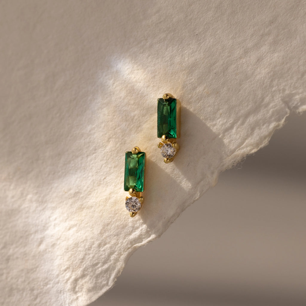 Diamond Baguette Birthstone Drop Studs Silver 18K Gold Plated