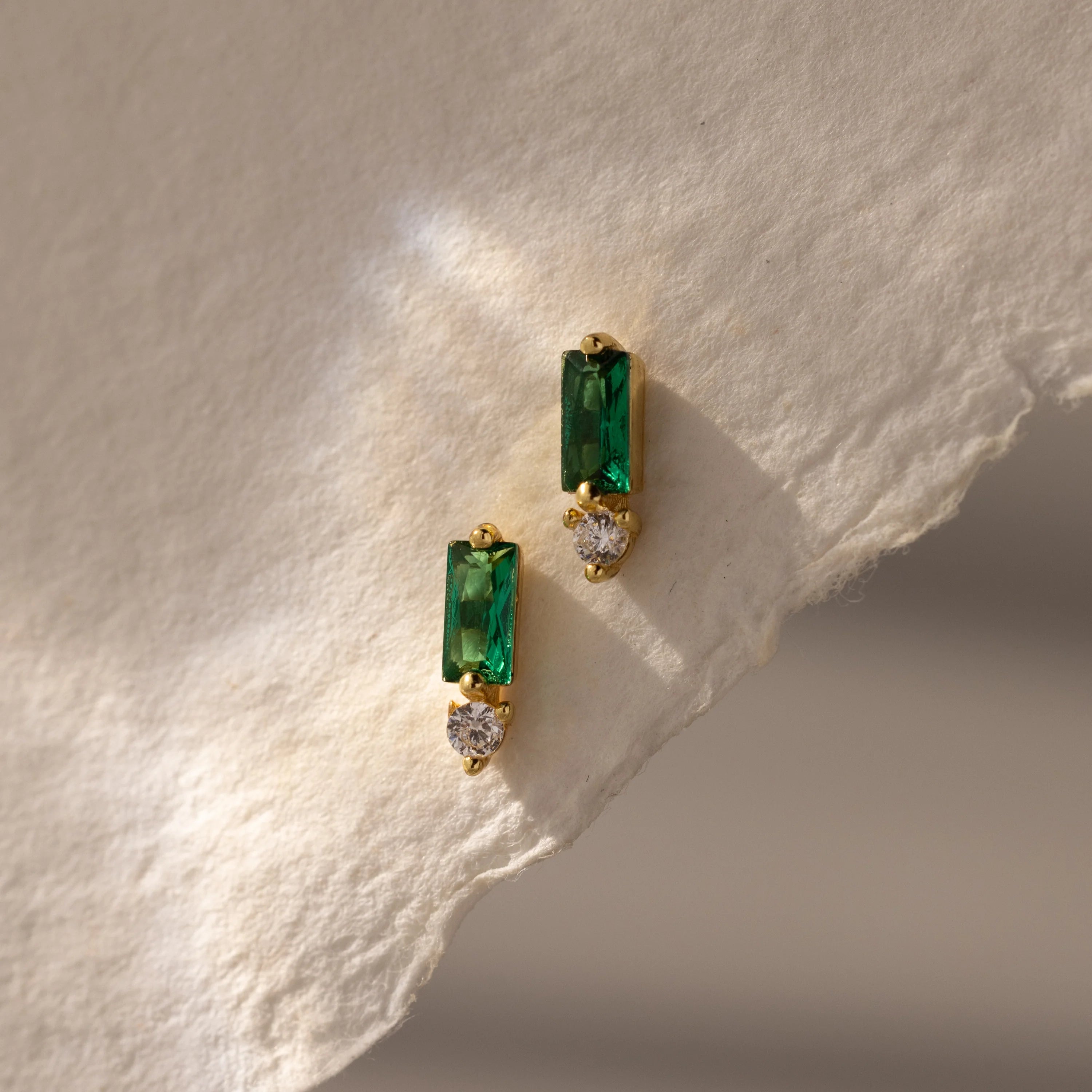 Diamond Baguette Birthstone Drop Studs Silver 18K Gold Plated