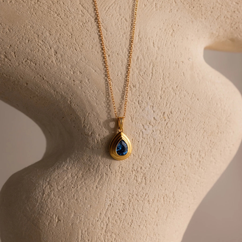 Ribbed Blue Zircon Pendant Necklace Silver 18K Gold Plated