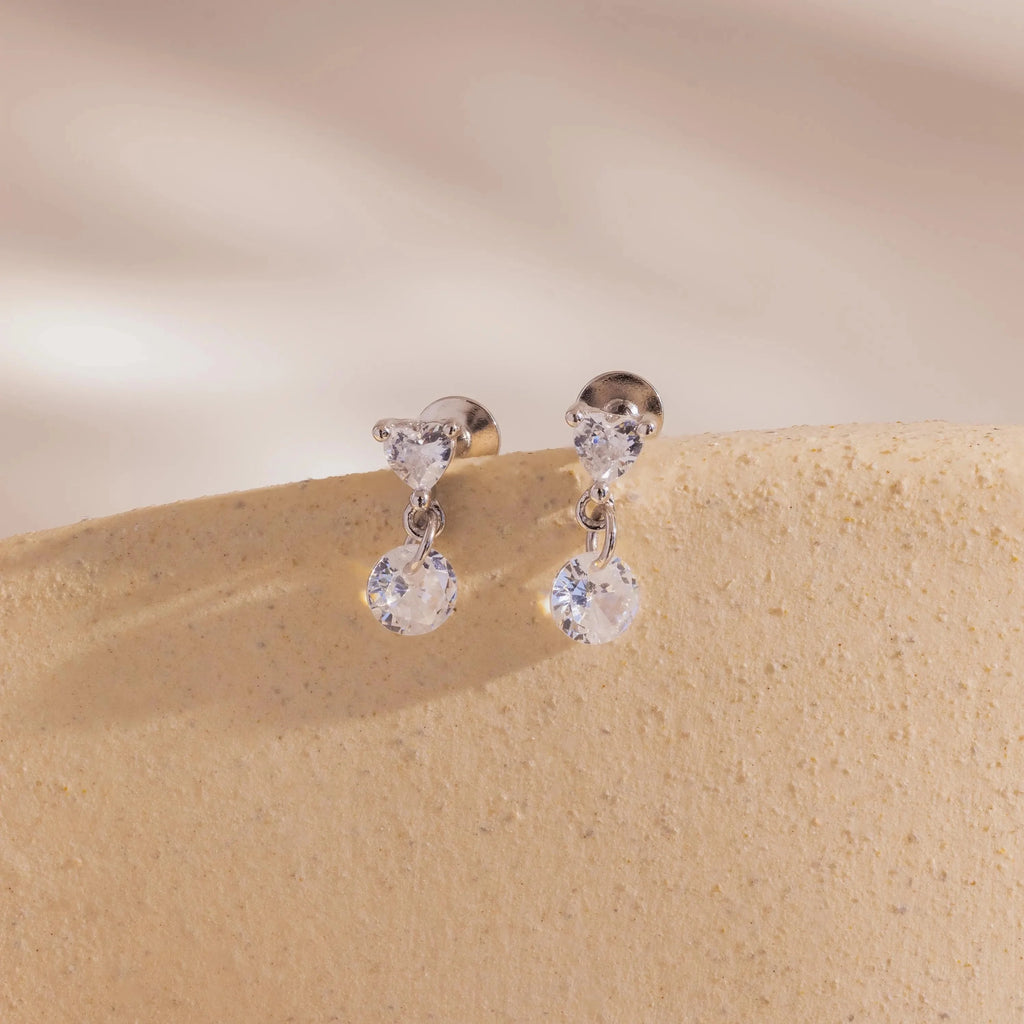 Diamond Heart Drop Flatback Studs Silver 18K Gold Plated