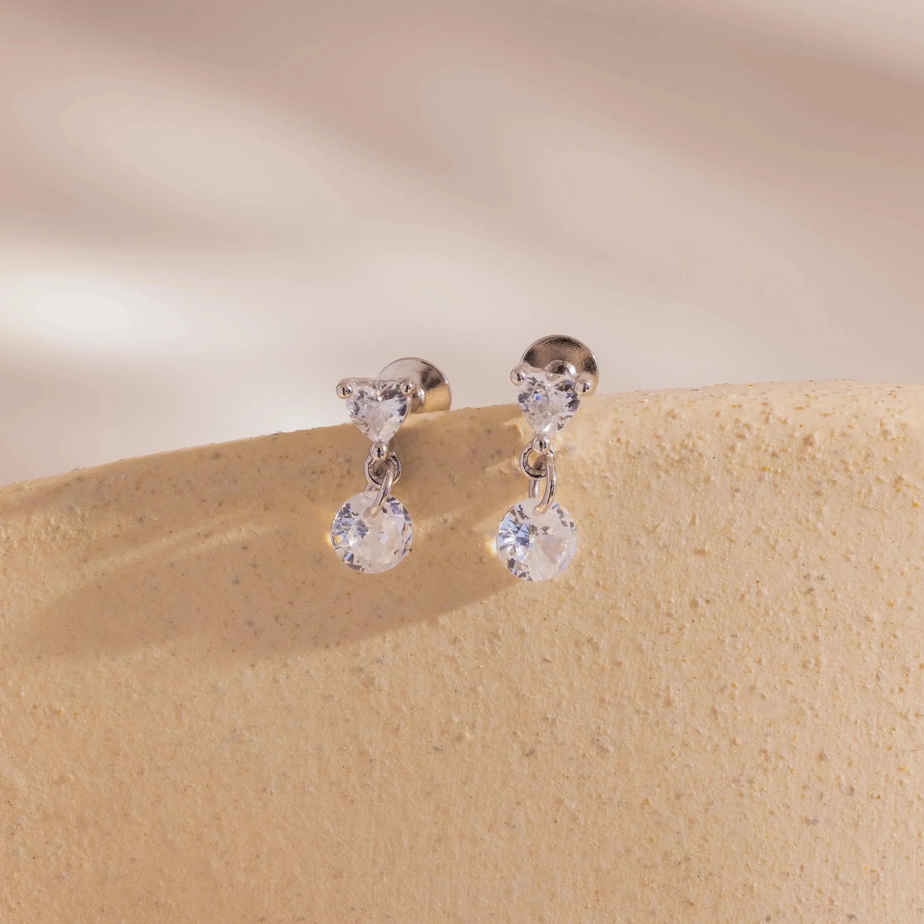 Diamond Heart Drop Flatback Studs Silver 18K Gold Plated