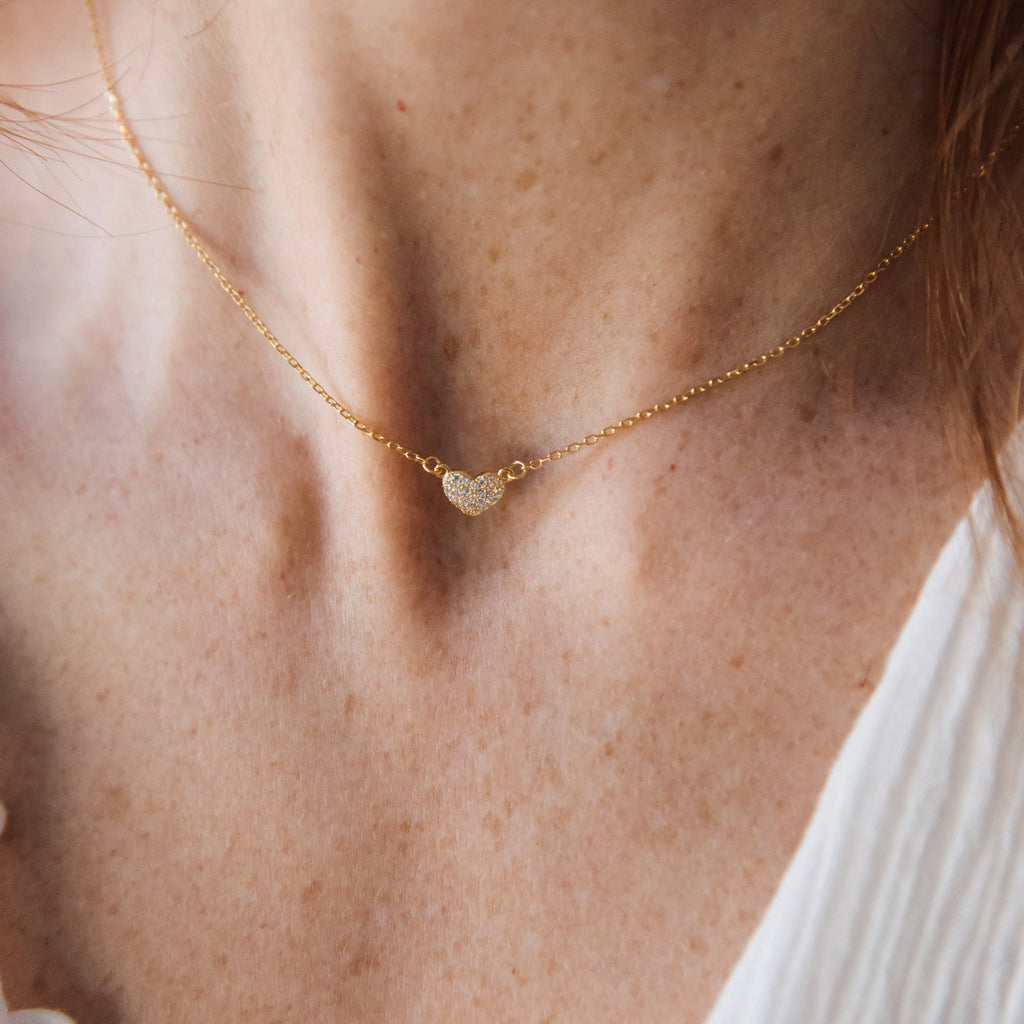 Pave Heart Charm Necklace Silver 18K Gold Plated