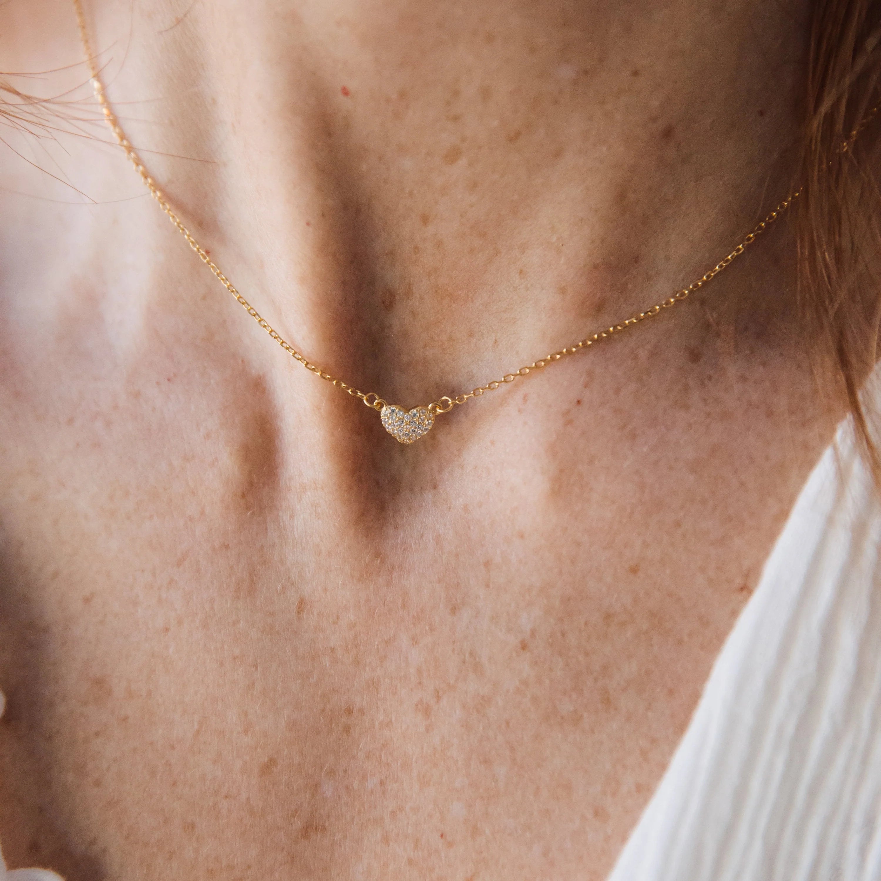Pave Heart Charm Necklace Silver 18K Gold Plated
