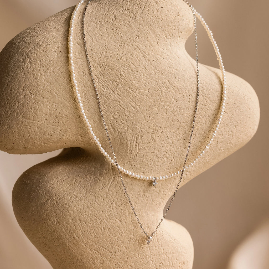 Pearl & Diamond Duo Necklace Silver 18K Gold Plated