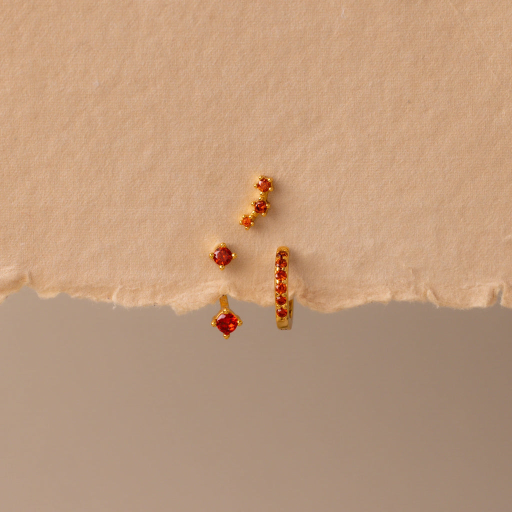 Garnet Earring Trio Set Silver 18K Gold Plated