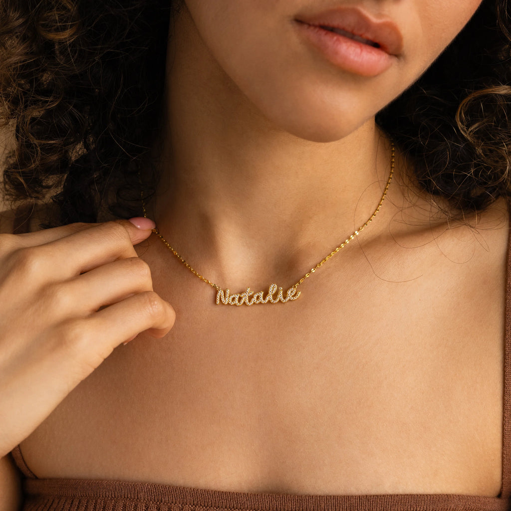 Pave Dream Script Name Necklace Silver 18K Gold Plated