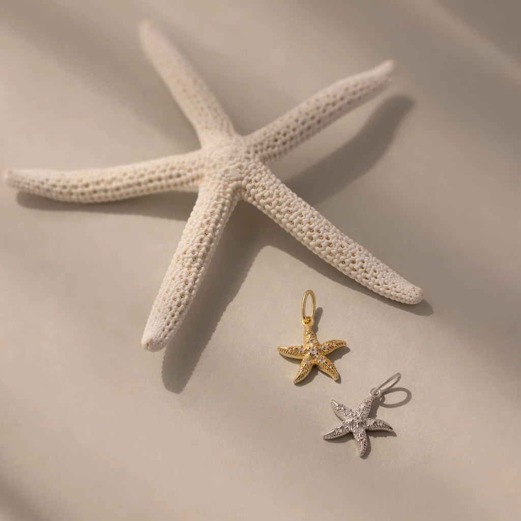 Diamond Pave Starfish Charm Silver 18K Gold Plated