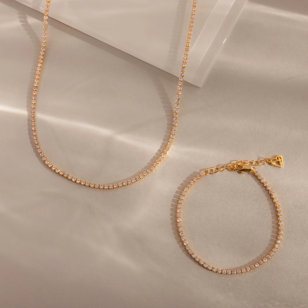 Diamond Tennis Necklace & Bracelet Set Silver 18K Gold Plated