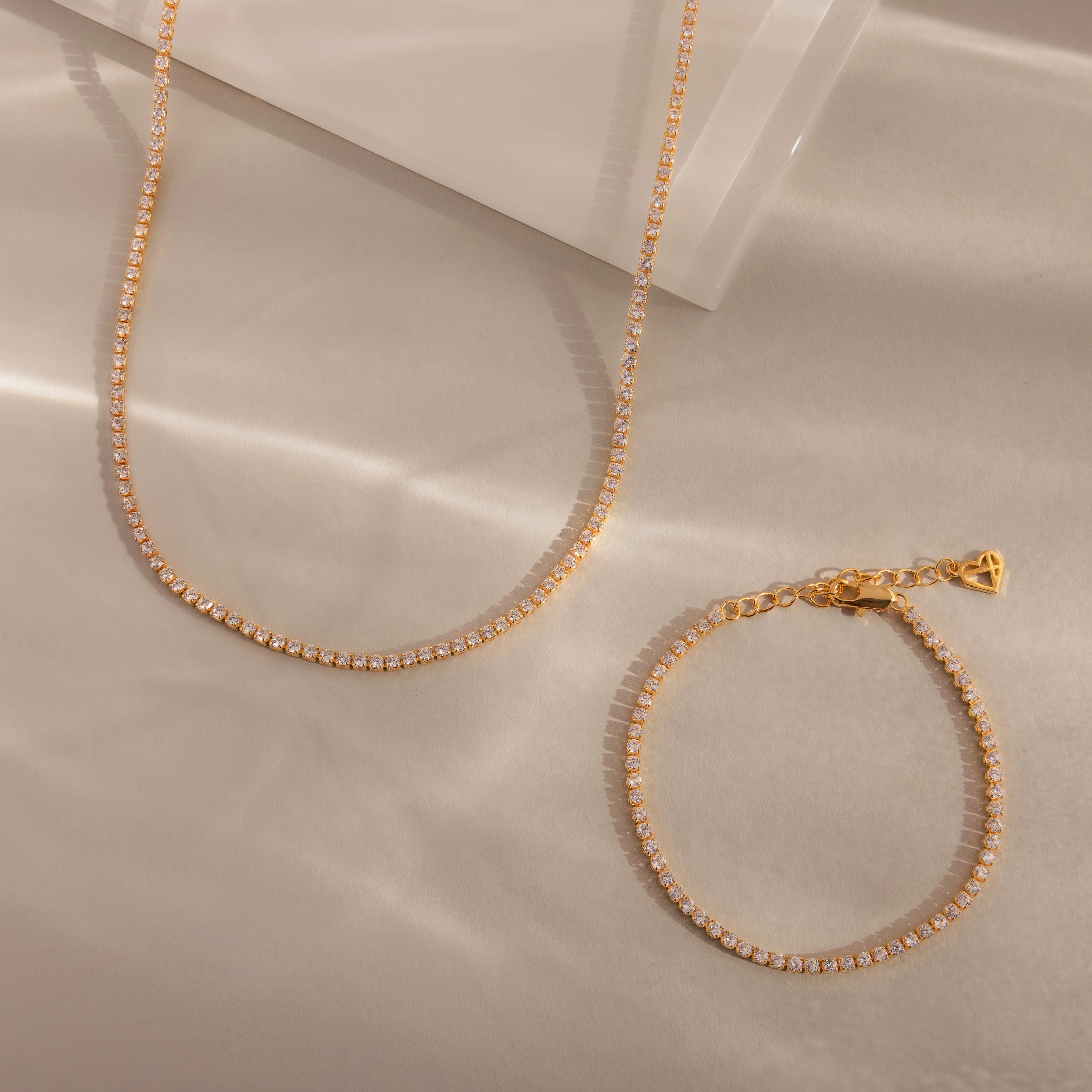 Diamond Tennis Necklace & Bracelet Set Silver 18K Gold Plated