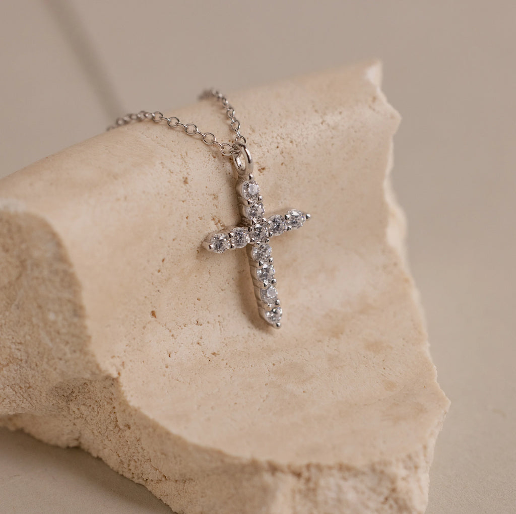 Diamond Pave Cross Necklace Silver 18K Gold Plated