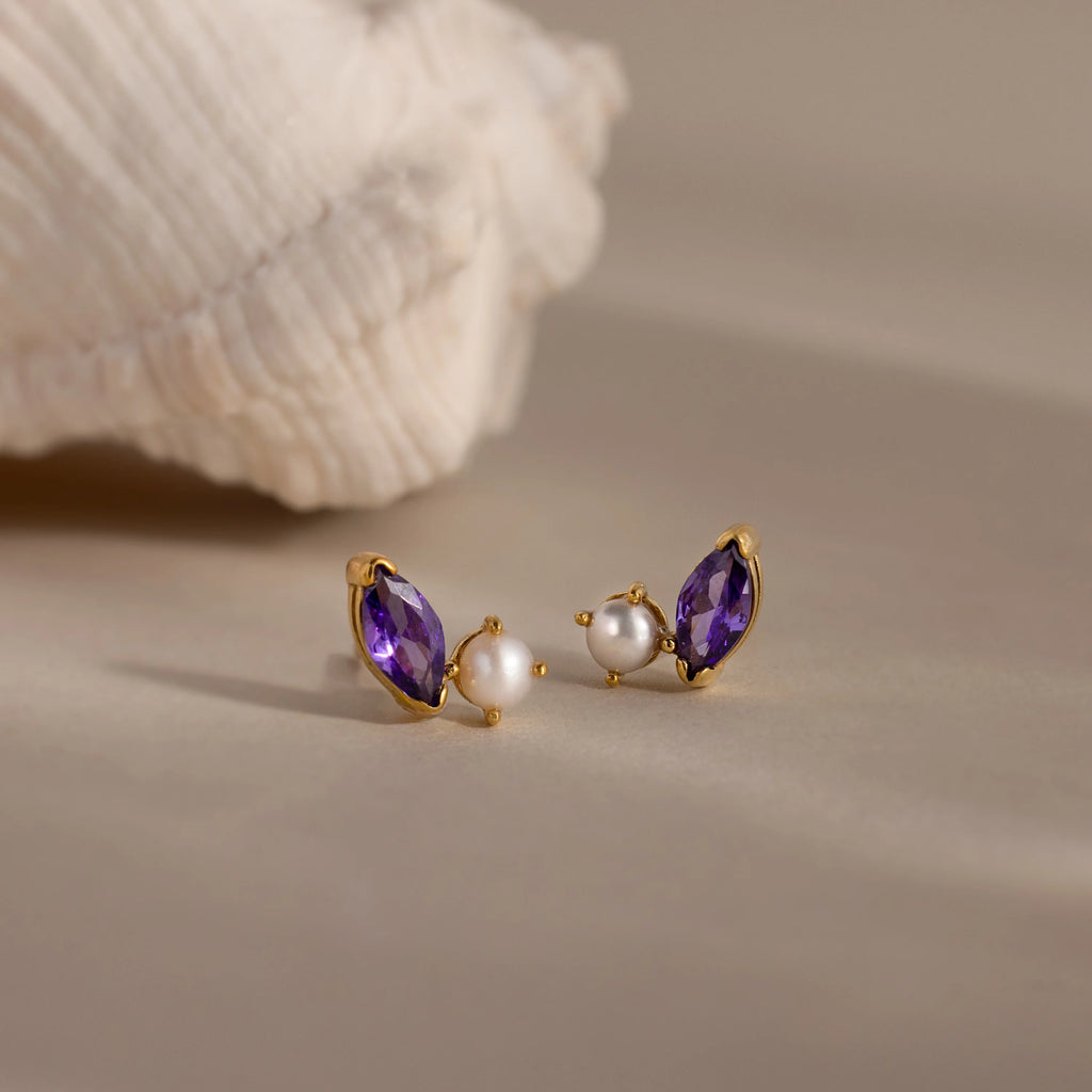 Marquise Amethyst & Pearl Studs Silver 18K Gold Plated