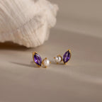 Marquise Amethyst & Pearl Studs Silver 18K Gold Plated
