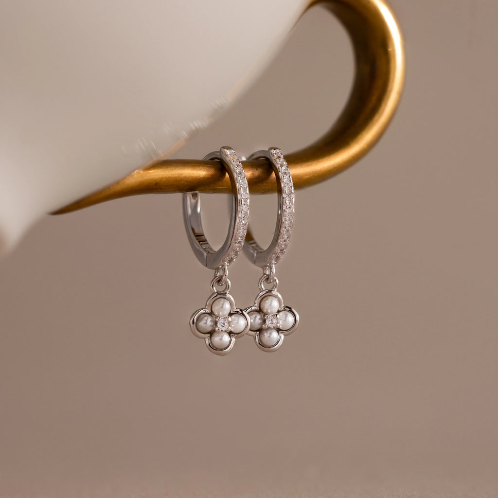 Diamonds Pearl Flower Hoops Silver 18K Gold Plated