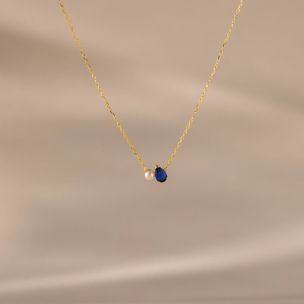 Teardrop Sapphire & Pearl Necklace Silver 18K Gold Plated